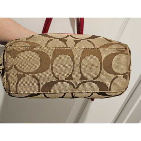 Coach Purse: Beige Signature Canvas + Red Patent Leather, Authentic Zipped Tote - Picture 3 of 13